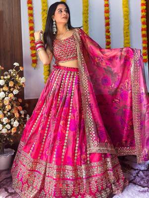Stunning Pink Floral Printed Organza Bridesmaid Lehenga Choli 2