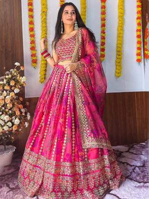 Stunning Pink Floral Printed Organza Bridesmaid Lehenga Choli 3