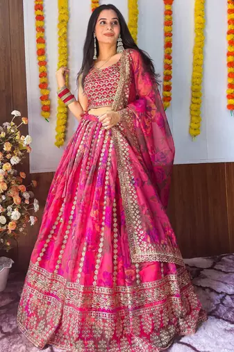 Stunning Pink Floral Printed Organza Bridesmaid Lehenga Choli