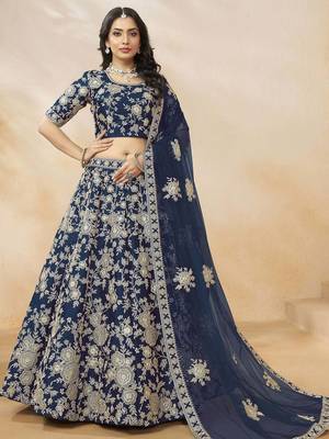 Attractive Blue Silk Embroidered Lehenga Choli With Dupatta 1