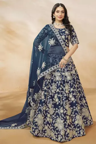 Attractive Blue Silk Embroidered Lehenga Choli With Dupatta