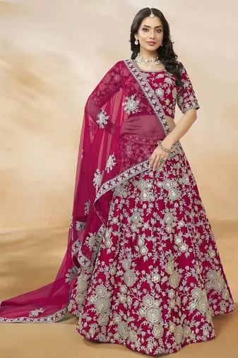 Dazzling Pink Silk Thread Embroidered Lehenga Choli