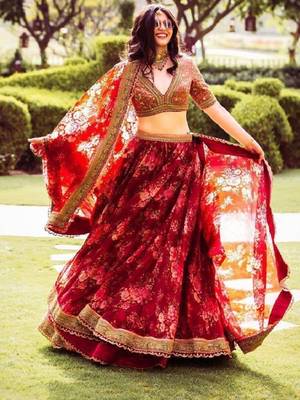 Maroon Floral Printed Organza Bridal Lehenga Choli 1