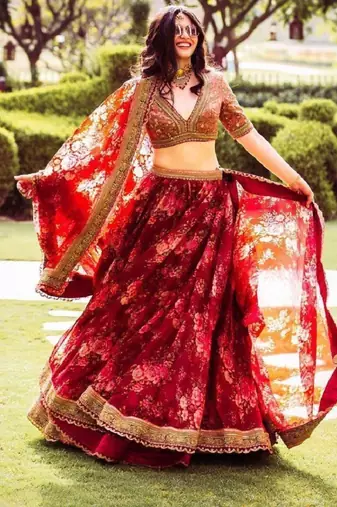 Maroon Floral Printed Organza Bridal Lehenga Choli