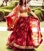 Maroon Floral Printed Organza Bridal Lehenga Choli