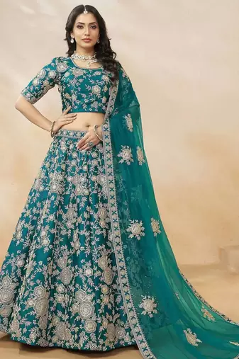 Regal Teal Green Embroidered Silk Lehenga Choli With Dupatta