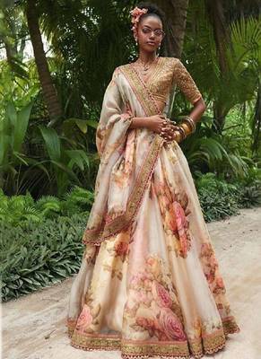 Off White Floral Printed Organza Bridal Lehenga Choli 1