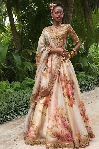 Off White Floral Printed Organza Bridal Lehenga Choli
