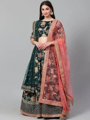 Green Semi-Stitched Lehenga & Unstitched Blouse with 2 Dupattas 1