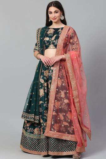 Green Semi-Stitched Lehenga & Unstitched Blouse with 2 Dupattas