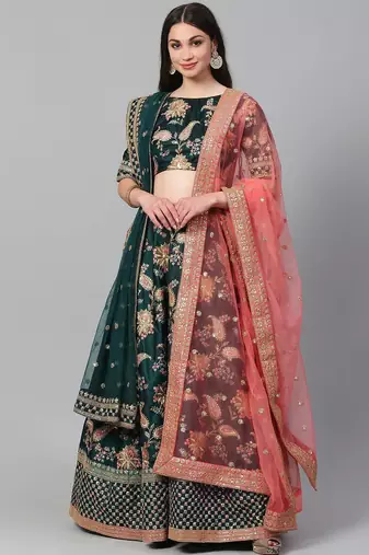 Green Semi-Stitched Lehenga & Unstitched Blouse with 2 Dupattas