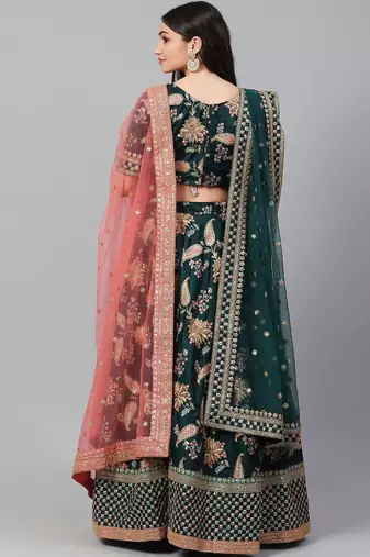 Green Semi-Stitched Lehenga & Unstitched Blouse with 2 Dupattas