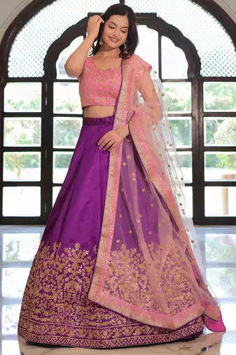 Purple & Pink Semi-Stitched Lehenga & Unstitched Blouse with Dupatta