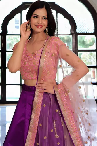 Purple & Pink Semi-Stitched Lehenga & Unstitched Blouse with Dupatta
