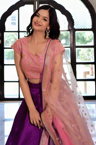Purple & Pink Semi-Stitched Lehenga & Unstitched Blouse with Dupatta