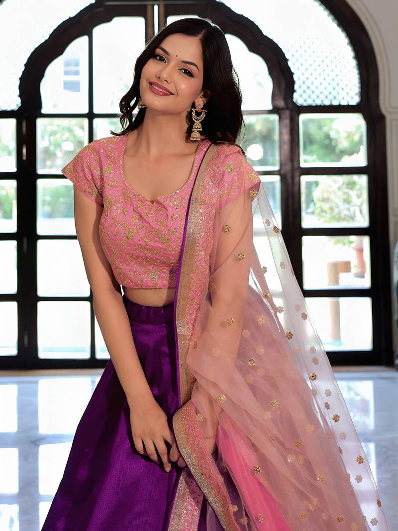 Purple & Pink Semi-Stitched Lehenga & Unstitched Blouse with Dupatta