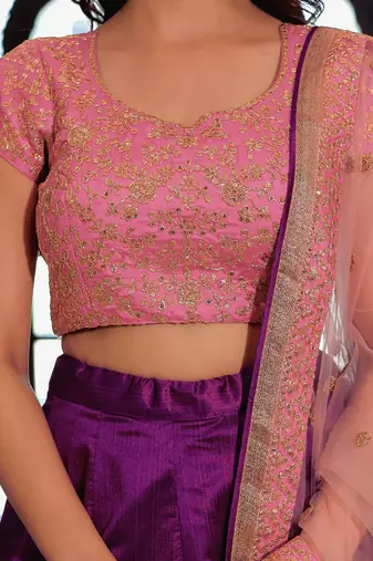 Purple & Pink Semi-Stitched Lehenga & Unstitched Blouse with Dupatta