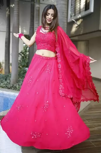 Beautiful Pink Sequins Georgette Wedding Lehenga Choli With Dupatta