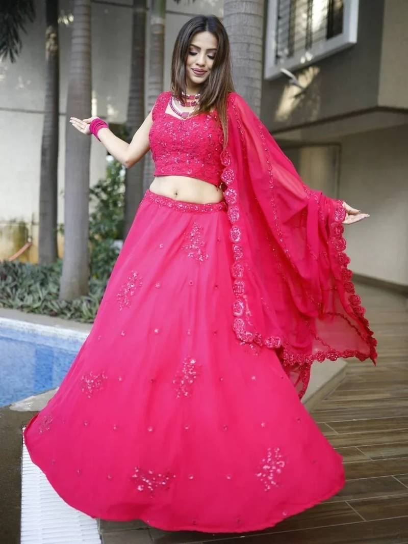 Beautiful Pink Sequins Georgette Wedding Lehenga Choli With Dupatta