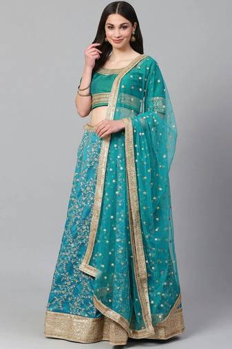 Turquoise Blue Semi-Stitched Wedding Wear Lehenga & Unstitched Blouse with Dupatta