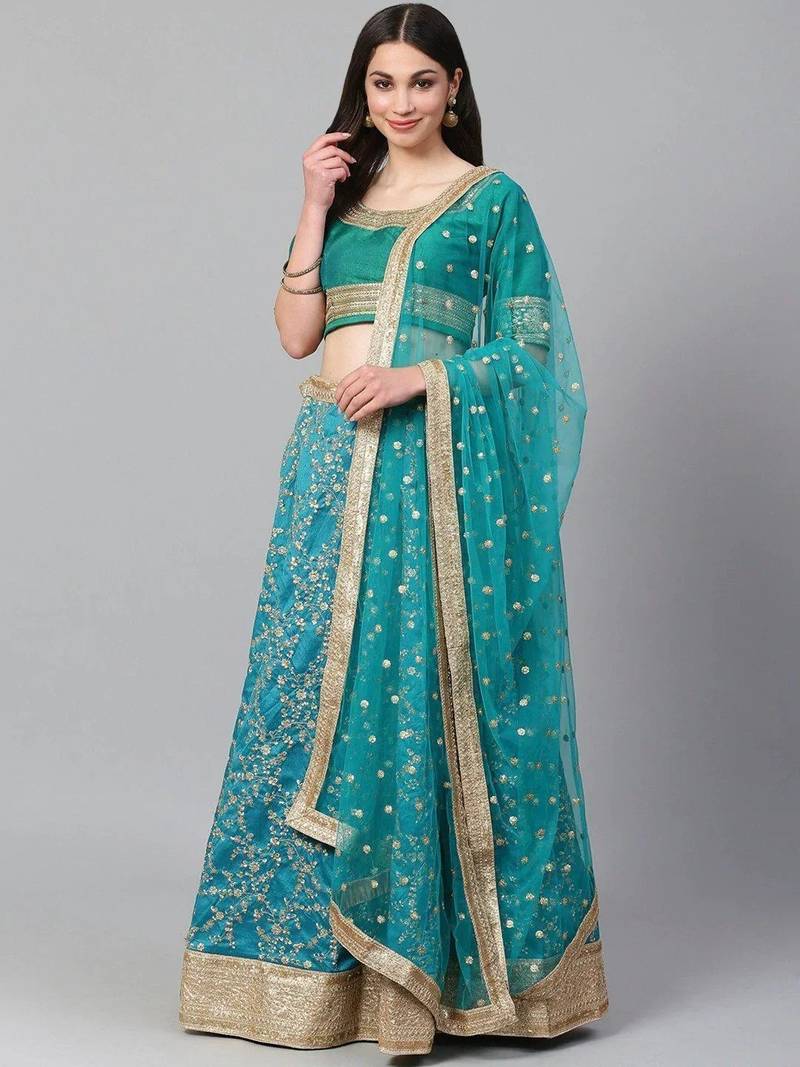 Turquoise Blue Semi-Stitched Wedding Wear Lehenga & Unstitched Blouse with Dupatta