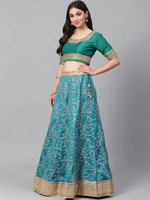 Turquoise Blue Semi-Stitched Wedding Wear Lehenga & Unstitched Blouse with Dupatta 2