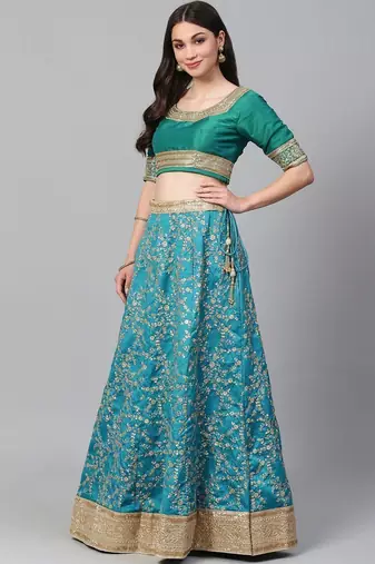Turquoise Blue Semi-Stitched Wedding Wear Lehenga & Unstitched Blouse with Dupatta