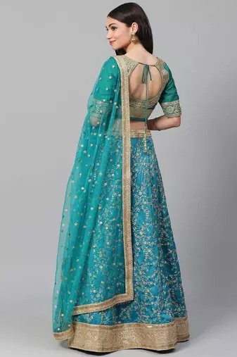 Turquoise Blue Semi-Stitched Wedding Wear Lehenga & Unstitched Blouse with Dupatta