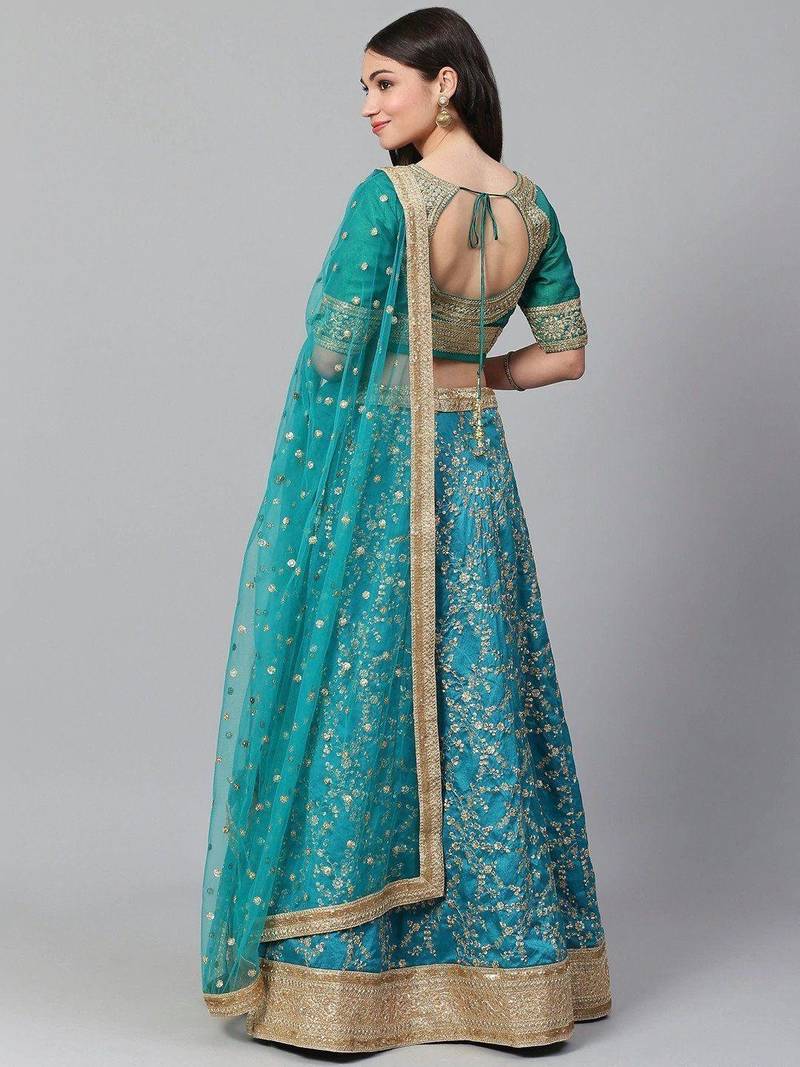 Turquoise Blue Semi-Stitched Wedding Wear Lehenga & Unstitched Blouse with Dupatta