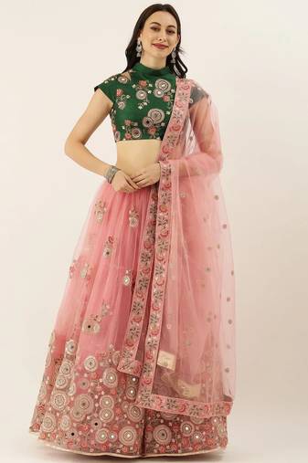 Peach & Green Embroidered Semi-Stitched Lehenga & Unstitched Blouse with Dupatta