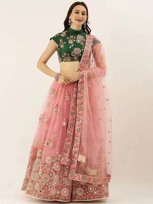 Peach & Green Embroidered Semi-Stitched Lehenga & Unstitched Blouse with Dupatta 1
