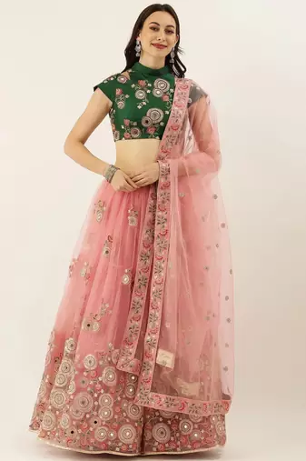Peach & Green Embroidered Semi-Stitched Lehenga & Unstitched Blouse with Dupatta