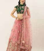 Peach & Green Embroidered Semi-Stitched Lehenga & Unstitched Blouse with Dupatta
