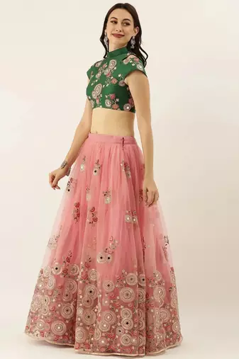 Peach & Green Embroidered Semi-Stitched Lehenga & Unstitched Blouse with Dupatta