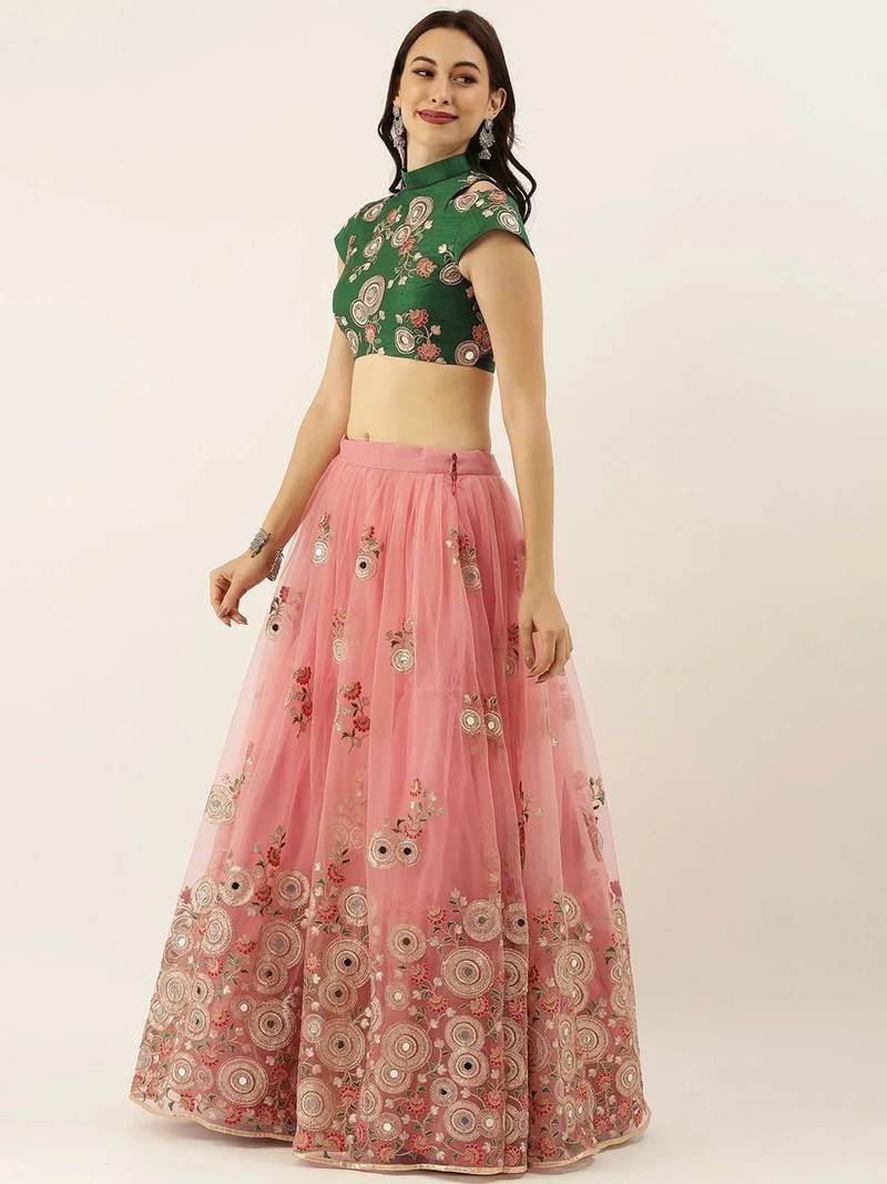 Peach & Green Embroidered Semi-Stitched Lehenga & Unstitched Blouse with Dupatta