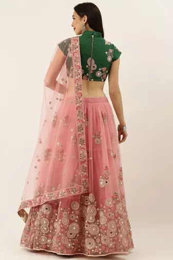 Peach & Green Embroidered Semi-Stitched Lehenga & Unstitched Blouse with Dupatta