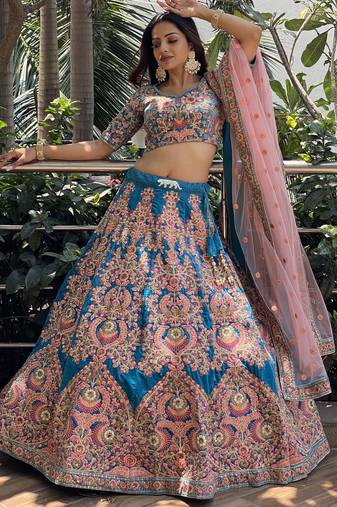 Adorable Blue Embroidered Velvet Wedding Lehenga Choli With Dupatta
