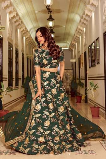 Enchanting Bottle Green Zari Work Art Silk Wedding Wear Lehenga Choli