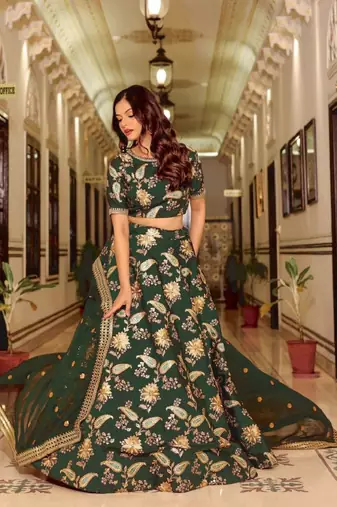 Enchanting Bottle Green Zari Work Art Silk Wedding Wear Lehenga Choli