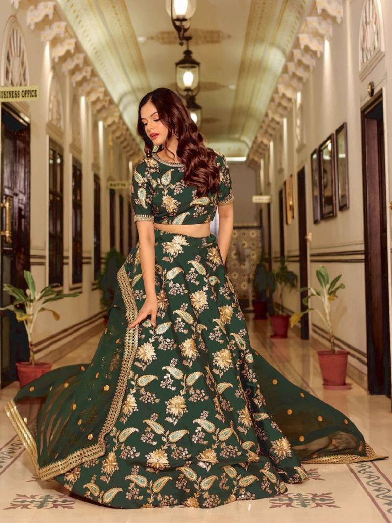 Enchanting Bottle Green Zari Work Art Silk Wedding Wear Lehenga Choli