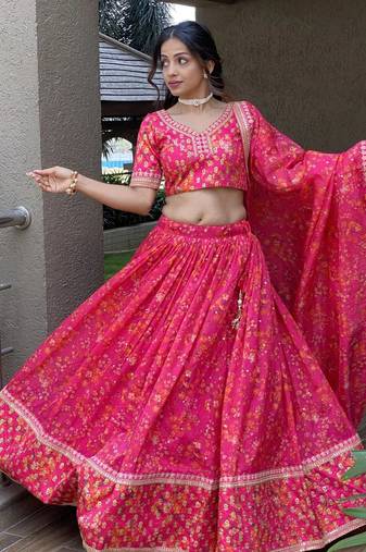 Wonderful Pink Floral Printed Organza Lehenga Choli With Dupatta