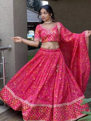 Wonderful Pink Floral Printed Organza Lehenga Choli With Dupatta 1