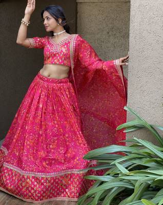 Wonderful Pink Floral Printed Organza Lehenga Choli With Dupatta 2