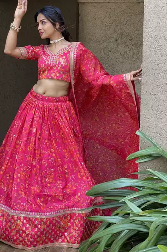 Wonderful Pink Floral Printed Organza Lehenga Choli With Dupatta