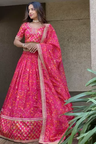 Wonderful Pink Floral Printed Organza Lehenga Choli With Dupatta