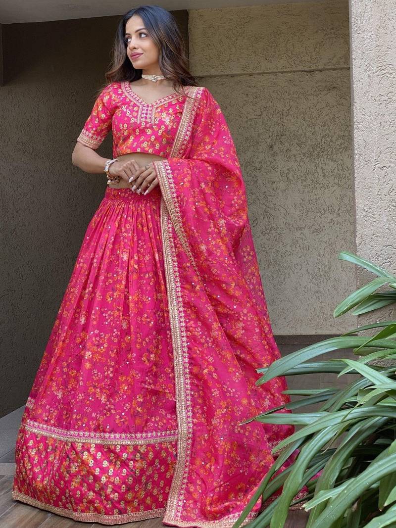 Wonderful Pink Floral Printed Organza Lehenga Choli With Dupatta