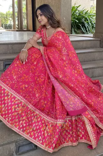 Wonderful Pink Floral Printed Organza Lehenga Choli With Dupatta
