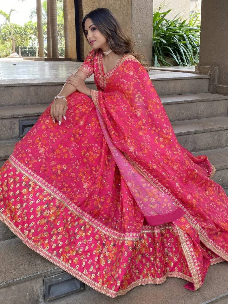 Wonderful Pink Floral Printed Organza Lehenga Choli With Dupatta