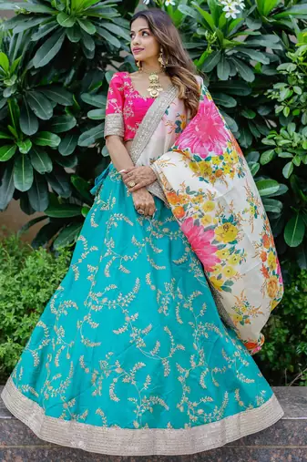 Superb Green Sequins Work Art Silk Sangeet Wear Lehenga Choli