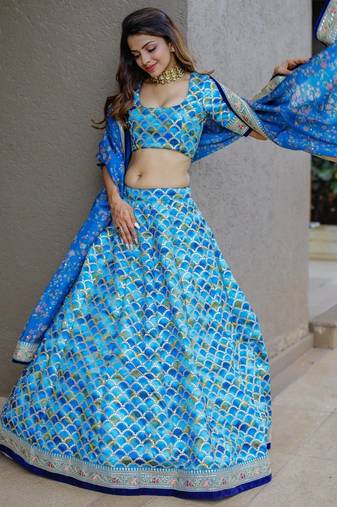 Awesome Blue Sequins Work Art Silk Wedding Lehenga Choli